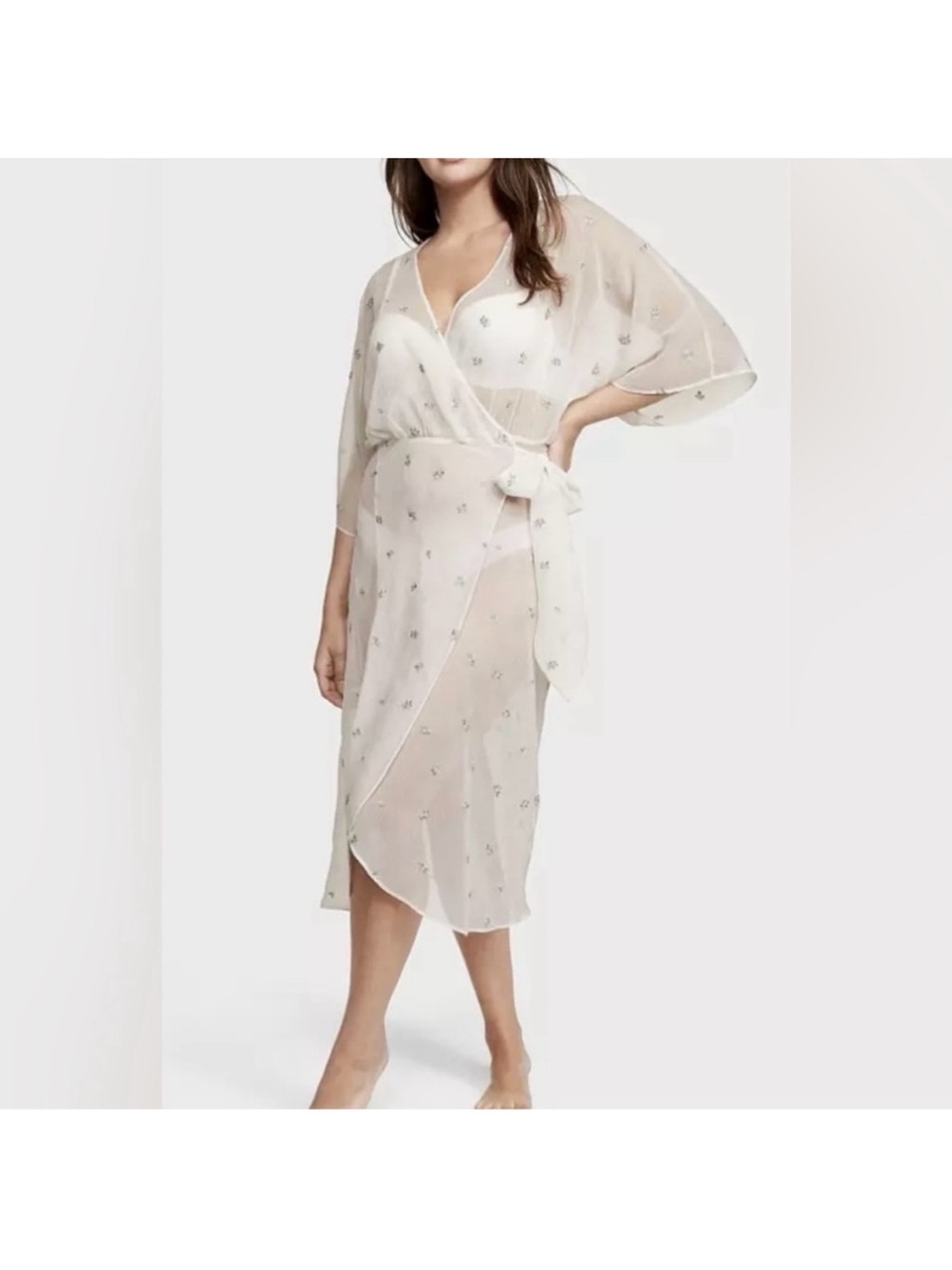 Victoria's Secret Sheer Cream Embroidered Wrap Robe